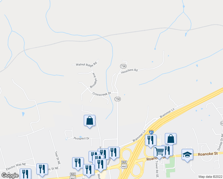 map of restaurants, bars, coffee shops, grocery stores, and more near 1011 Green Ridge Road in Christiansburg