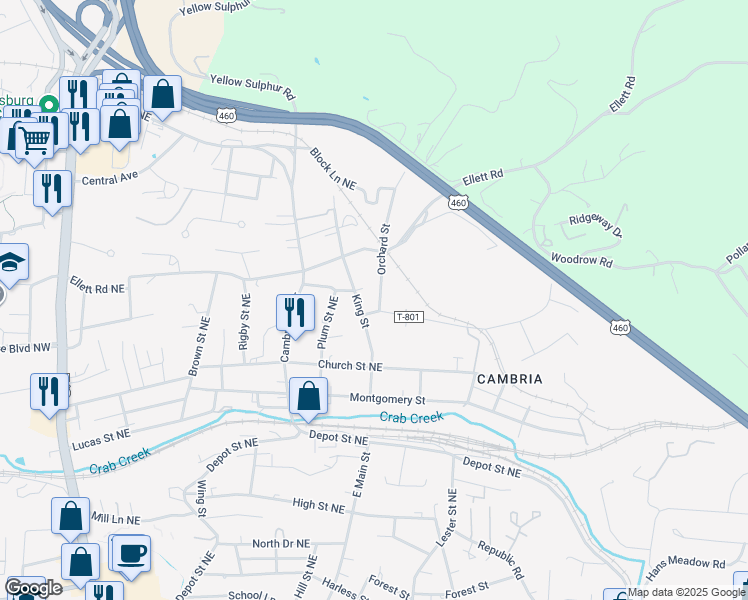 map of restaurants, bars, coffee shops, grocery stores, and more near 1235 Orchard Street in Christiansburg
