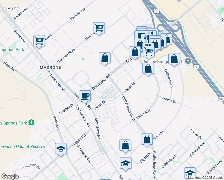 map of restaurants, bars, coffee shops, grocery stores, and more near 18436 Jade Lane in Morgan Hill