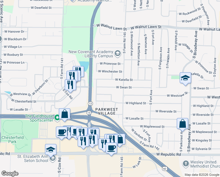 map of restaurants, bars, coffee shops, grocery stores, and more near 1706 W Swan St in Springfield