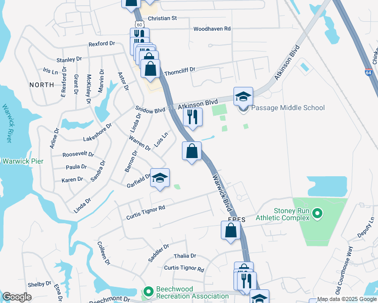 map of restaurants, bars, coffee shops, grocery stores, and more near 15315 Warwick Boulevard in Newport News