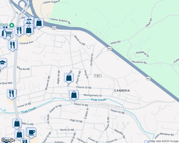 map of restaurants, bars, coffee shops, grocery stores, and more near 1235 Orchard Street in Christiansburg