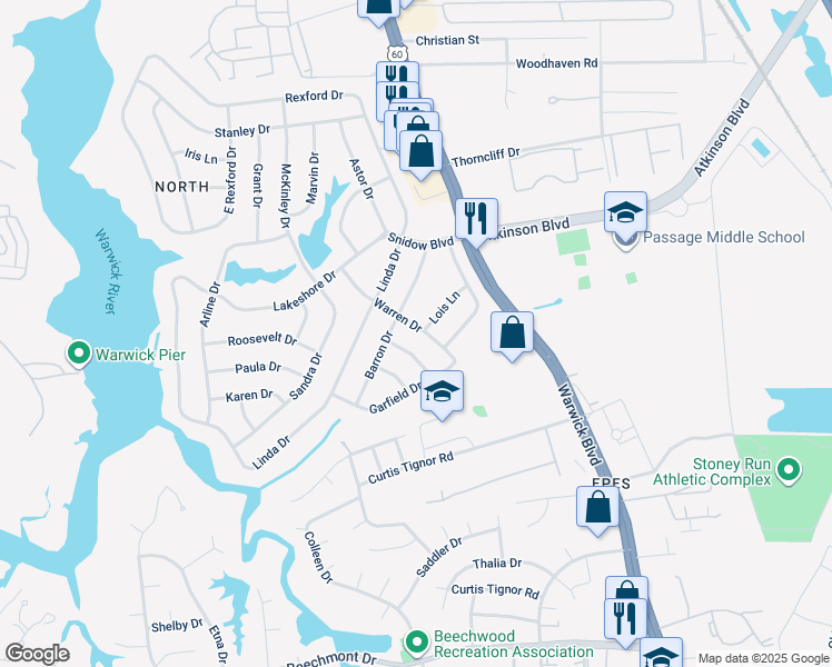map of restaurants, bars, coffee shops, grocery stores, and more near 26 Warren Drive in Newport News