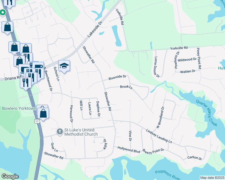 map of restaurants, bars, coffee shops, grocery stores, and more near 106 Brook Lane in Yorktown