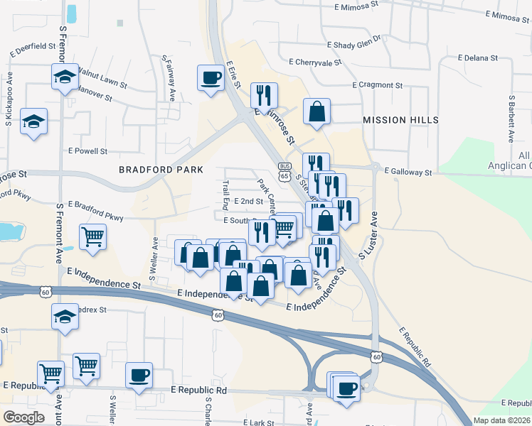 map of restaurants, bars, coffee shops, grocery stores, and more near East 1st Street in Springfield