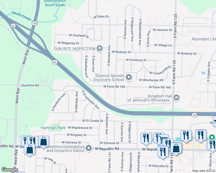 map of restaurants, bars, coffee shops, grocery stores, and more near 3792 South Western Avenue in Springfield