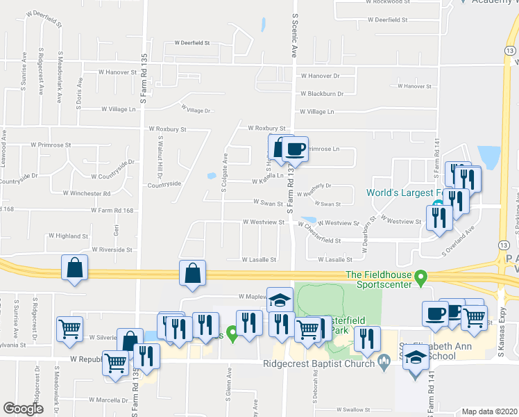 map of restaurants, bars, coffee shops, grocery stores, and more near 2782 West Swan Street in Springfield