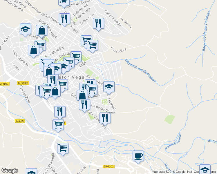 map of restaurants, bars, coffee shops, grocery stores, and more near 6 Avenida Ingeniero Santa Cruz in Huétor Vega