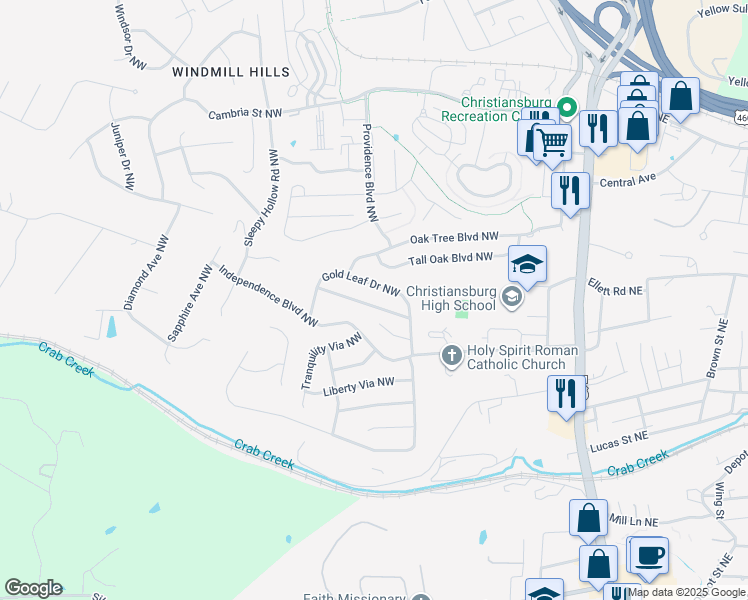 map of restaurants, bars, coffee shops, grocery stores, and more near 375 Silver Leaf Drive Northwest in Christiansburg
