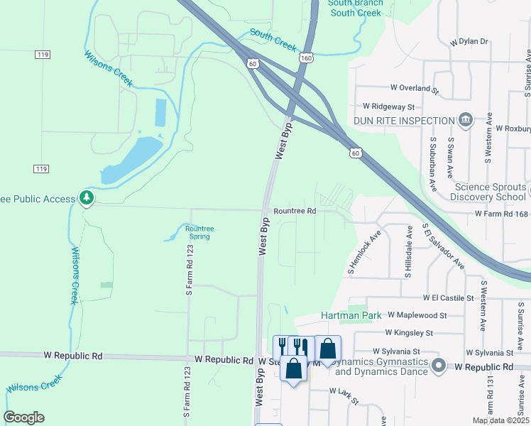 map of restaurants, bars, coffee shops, grocery stores, and more near 3800 West Bypass in Springfield
