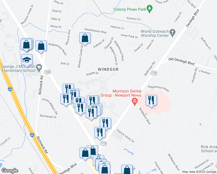 map of restaurants, bars, coffee shops, grocery stores, and more near 1493 Monterry Place in Newport News