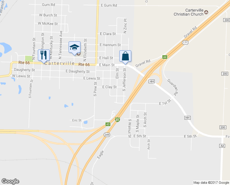 map of restaurants, bars, coffee shops, grocery stores, and more near 404 S Elm St in Carterville