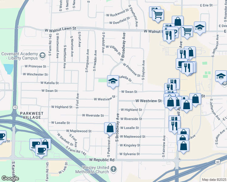 map of restaurants, bars, coffee shops, grocery stores, and more near 3745 South Broadway Avenue in Springfield