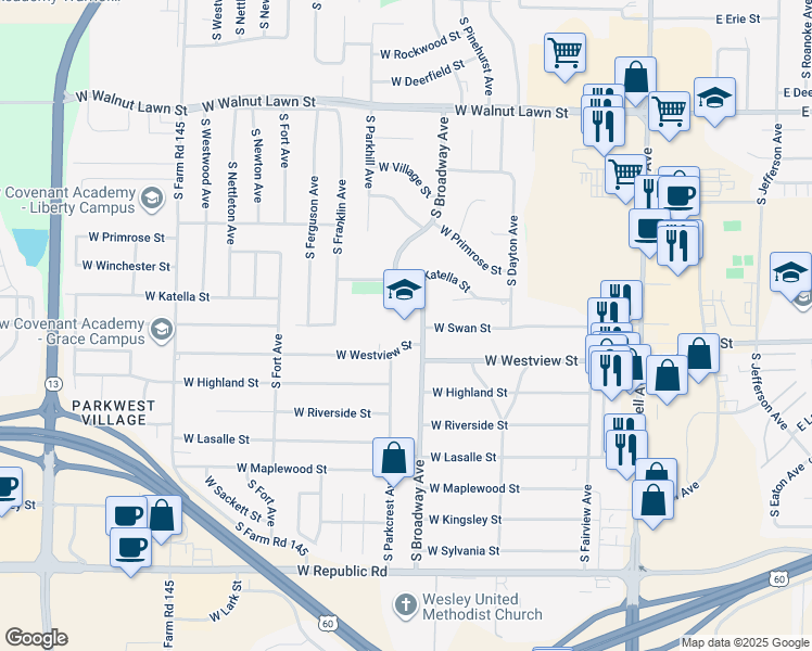 map of restaurants, bars, coffee shops, grocery stores, and more near 3745 South Broadway Avenue in Springfield