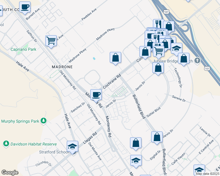 map of restaurants, bars, coffee shops, grocery stores, and more near 18558 Garnet Lane in Morgan Hill