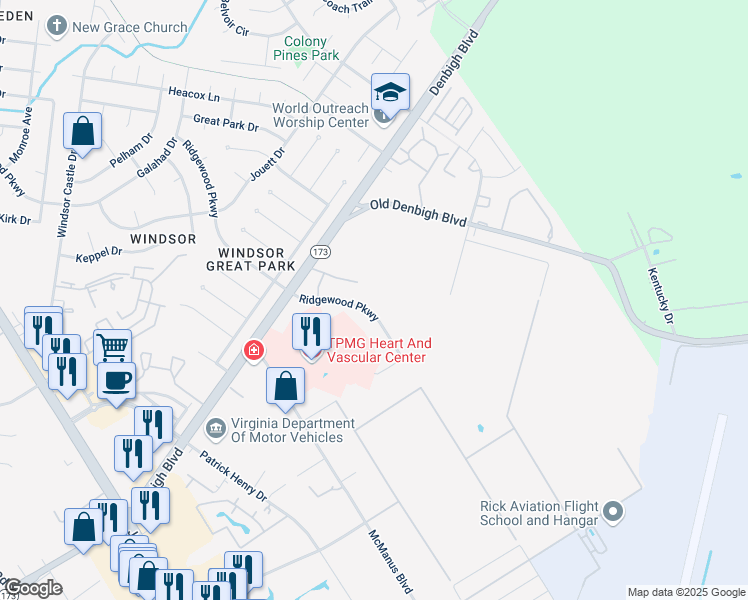 map of restaurants, bars, coffee shops, grocery stores, and more near 2 Ridgewood Parkway in Newport News