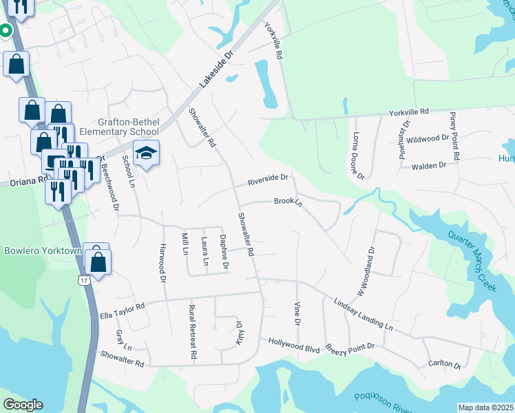map of restaurants, bars, coffee shops, grocery stores, and more near 106 Brook Lane in Yorktown