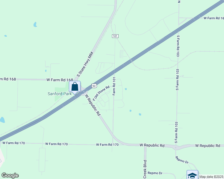 map of restaurants, bars, coffee shops, grocery stores, and more near 3246 East Old Stone Road in Battlefield