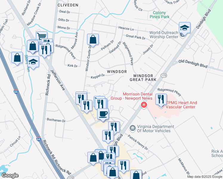 map of restaurants, bars, coffee shops, grocery stores, and more near 1323 Ventura Way in Newport News