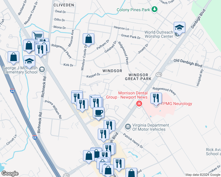 map of restaurants, bars, coffee shops, grocery stores, and more near 1473 Monterry Place in Newport News