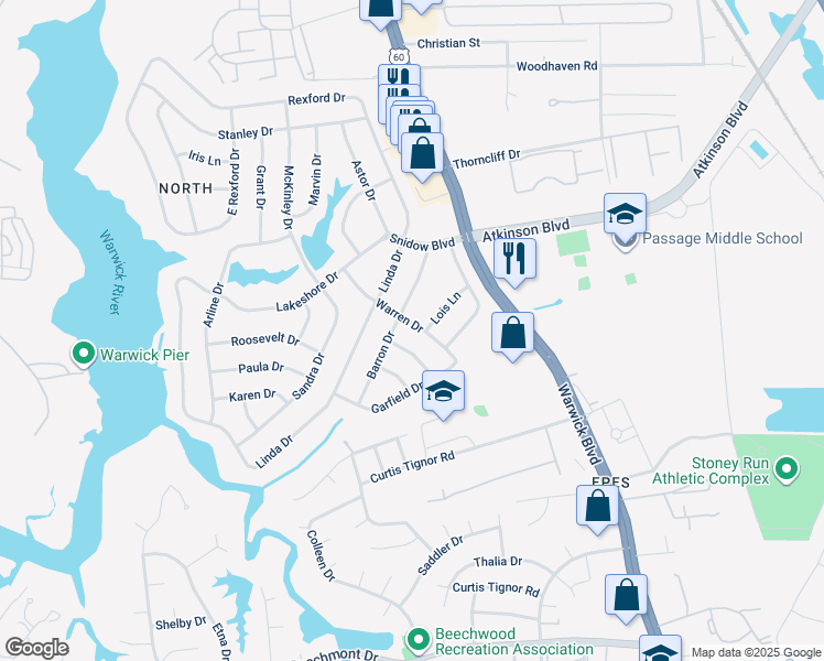 map of restaurants, bars, coffee shops, grocery stores, and more near 24 Warren Drive in Newport News
