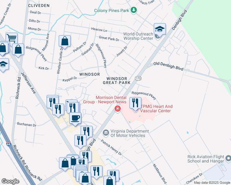 map of restaurants, bars, coffee shops, grocery stores, and more near 11 Cornwallis Place in Newport News