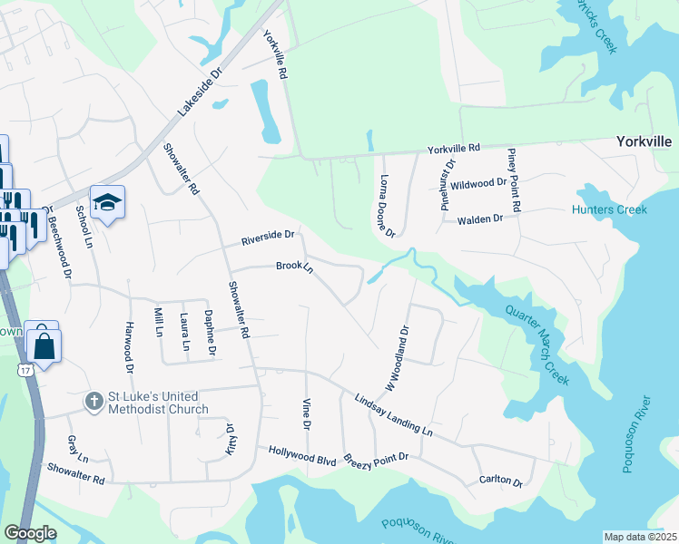 map of restaurants, bars, coffee shops, grocery stores, and more near 312 Riverside Drive in Yorktown