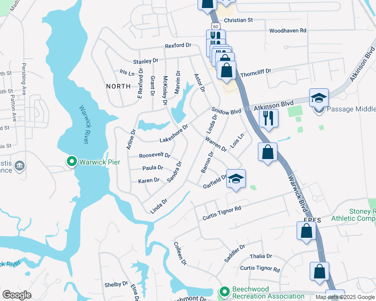 map of restaurants, bars, coffee shops, grocery stores, and more near 27 Sandra Drive in Newport News