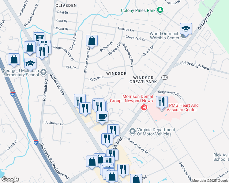 map of restaurants, bars, coffee shops, grocery stores, and more near 1473 Monterry Place in Newport News