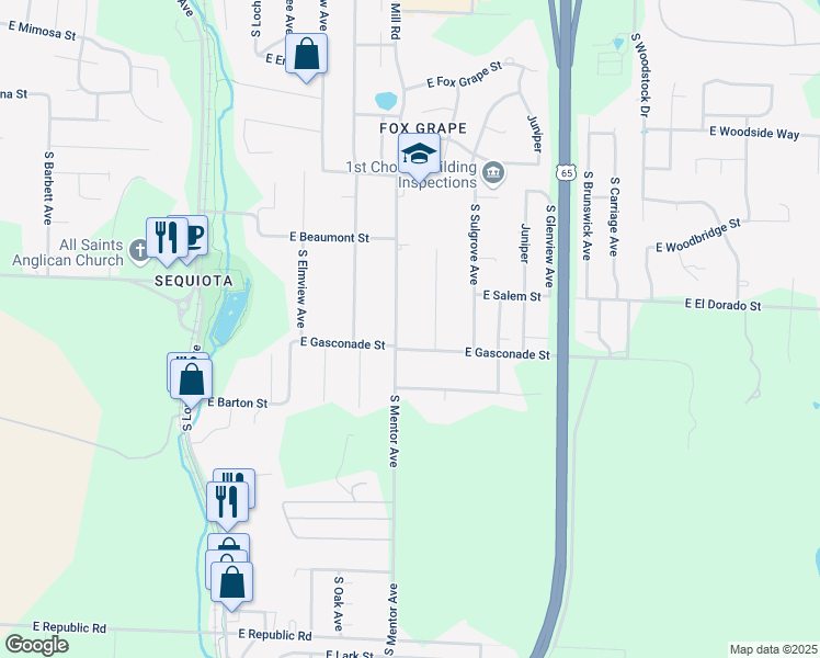 map of restaurants, bars, coffee shops, grocery stores, and more near 3646 South Mentor Avenue in Springfield