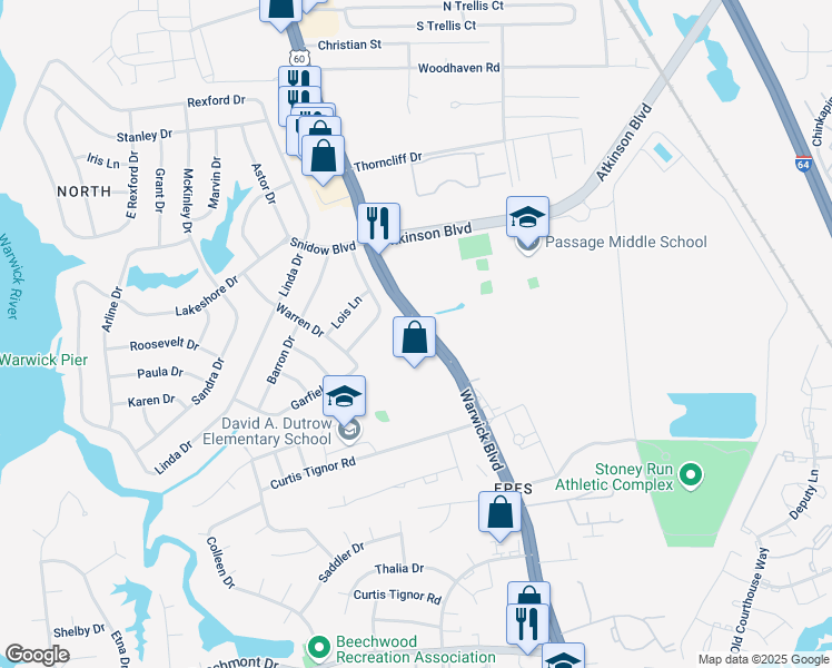 map of restaurants, bars, coffee shops, grocery stores, and more near Community Lane in Newport News