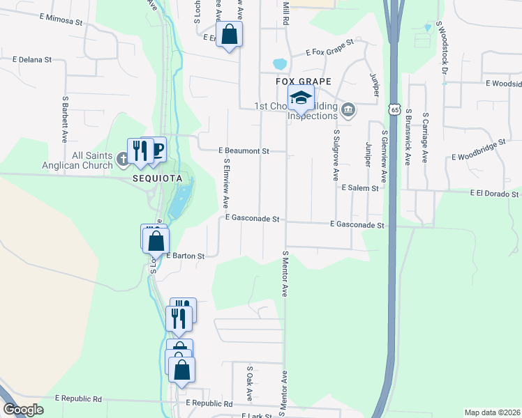 map of restaurants, bars, coffee shops, grocery stores, and more near 3640 South Oak Avenue in Springfield