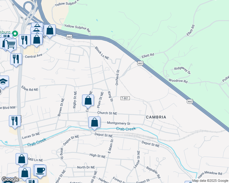 map of restaurants, bars, coffee shops, grocery stores, and more near 1235 Orchard Street in Christiansburg