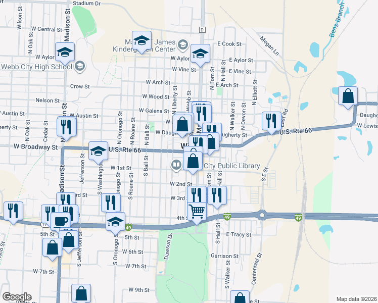 map of restaurants, bars, coffee shops, grocery stores, and more near 9 South Webb Avenue in Webb City