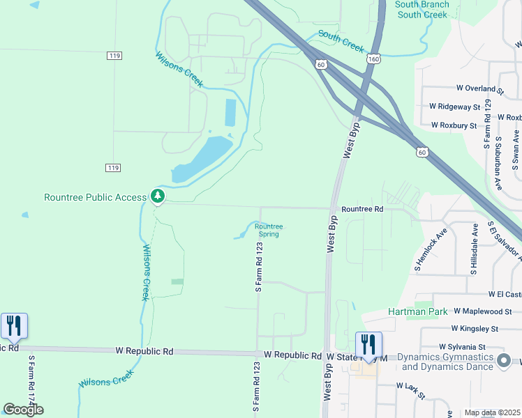 map of restaurants, bars, coffee shops, grocery stores, and more near 4082-4234 West Roundtree Road in Springfield