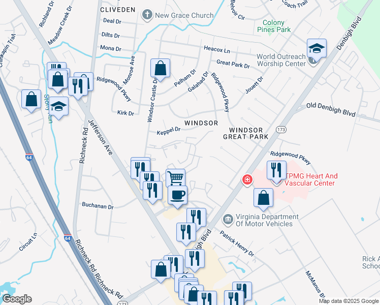 map of restaurants, bars, coffee shops, grocery stores, and more near 1325 Ventura Way in Newport News