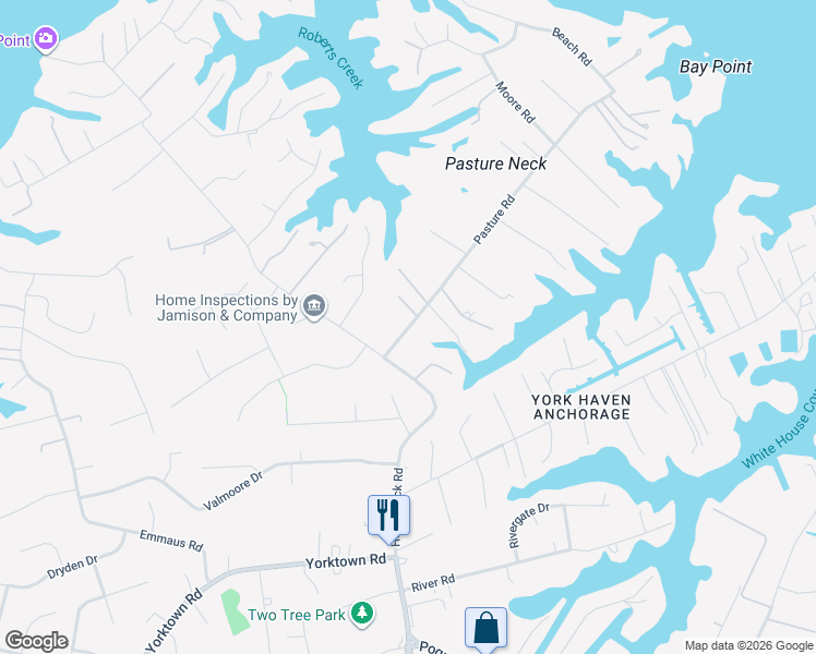 map of restaurants, bars, coffee shops, grocery stores, and more near 23 Pasture Road in Poquoson