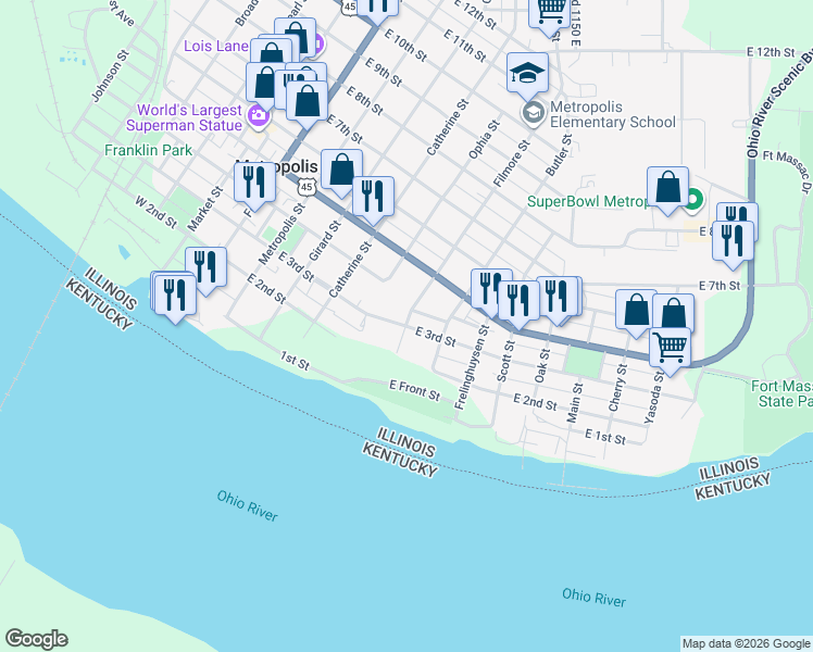 map of restaurants, bars, coffee shops, grocery stores, and more near 550 East 3rd Street in Metropolis