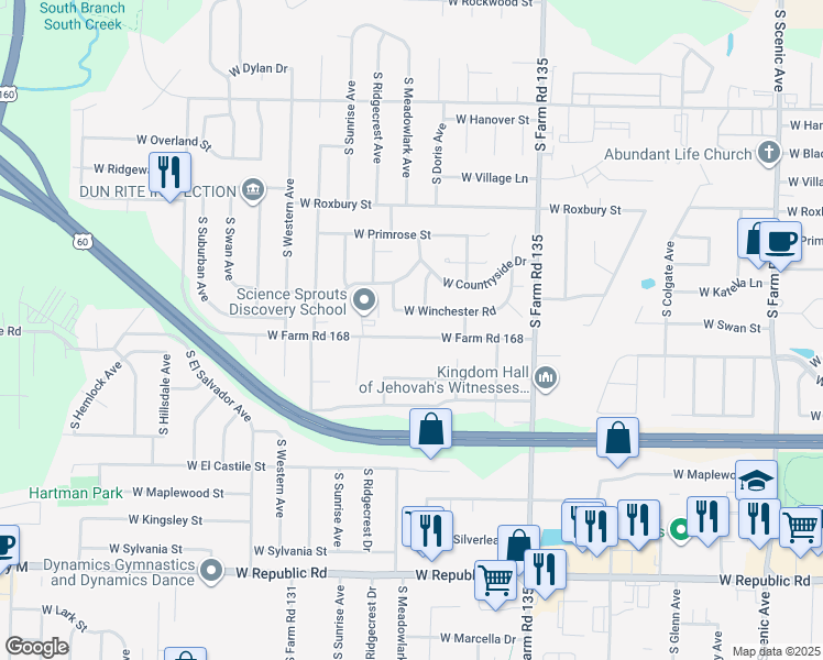 map of restaurants, bars, coffee shops, grocery stores, and more near 3313 West Farm Road 168 in Springfield