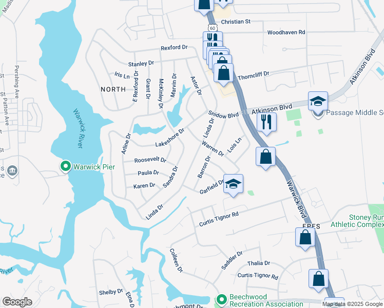 map of restaurants, bars, coffee shops, grocery stores, and more near 26 Linda Dr in Newport News