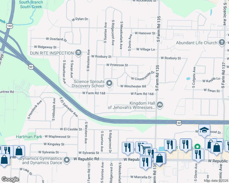 map of restaurants, bars, coffee shops, grocery stores, and more near 3343 West Farm Road 168 in Springfield