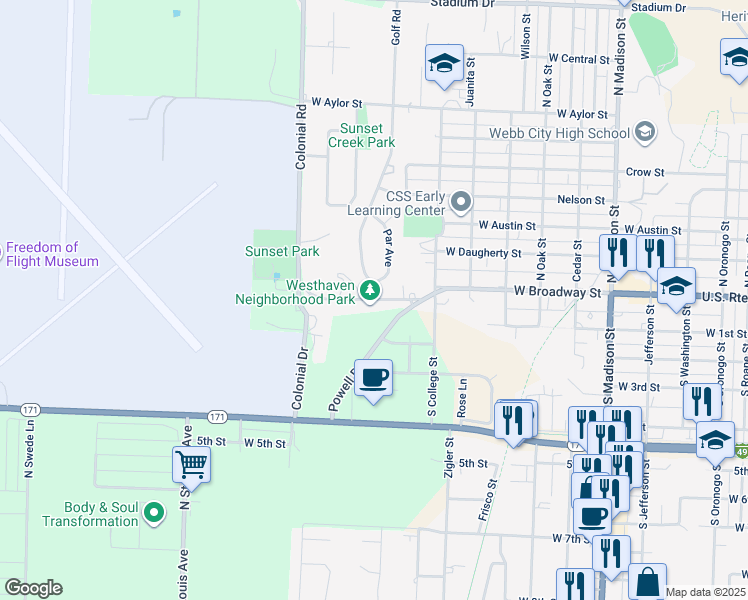 map of restaurants, bars, coffee shops, grocery stores, and more near 1701 West Broadway Street in Webb City
