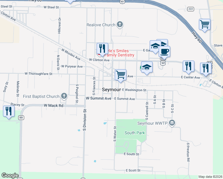 map of restaurants, bars, coffee shops, grocery stores, and more near in Seymour
