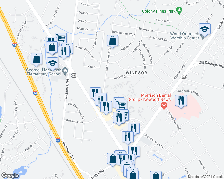 map of restaurants, bars, coffee shops, grocery stores, and more near 116 Treeland Court in Newport News