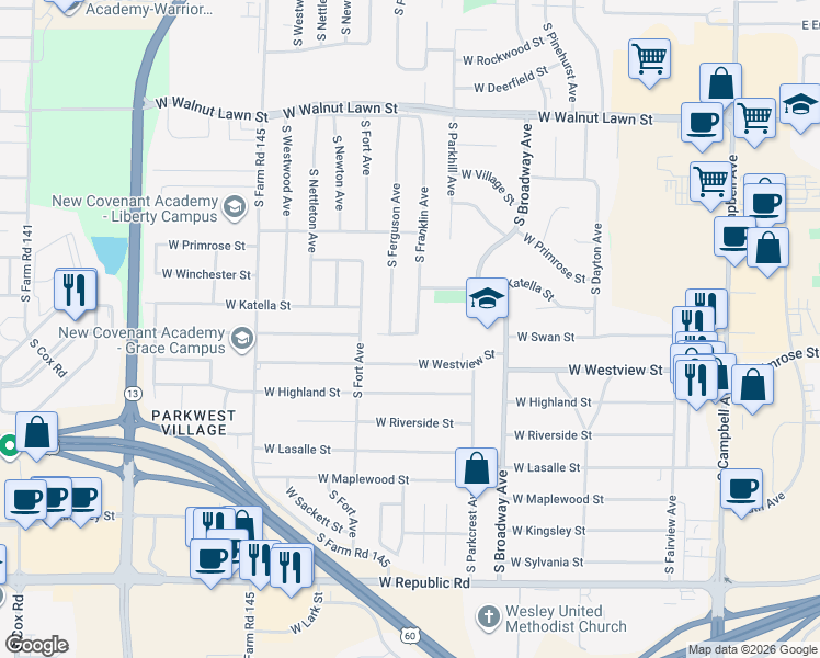 map of restaurants, bars, coffee shops, grocery stores, and more near 3746 South Ferguson Avenue in Springfield