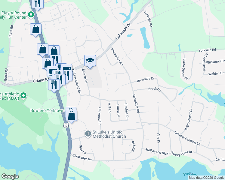 map of restaurants, bars, coffee shops, grocery stores, and more near 118 Larkin Run in Yorktown
