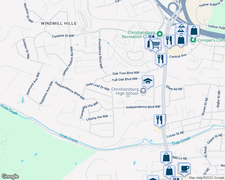 map of restaurants, bars, coffee shops, grocery stores, and more near 215 Gold Leaf Drive Northwest in Christiansburg