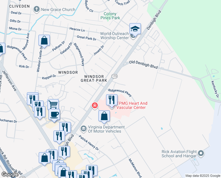 map of restaurants, bars, coffee shops, grocery stores, and more near 12750 Saint George Street in Newport News