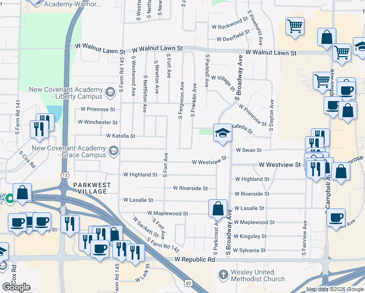 map of restaurants, bars, coffee shops, grocery stores, and more near 3746 South Ferguson Avenue in Springfield