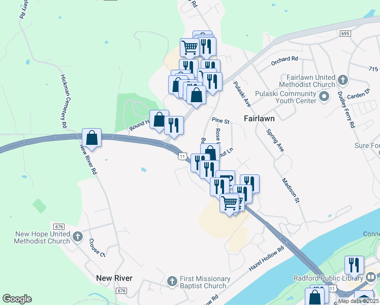map of restaurants, bars, coffee shops, grocery stores, and more near 7367 Lee Highway in Fairlawn